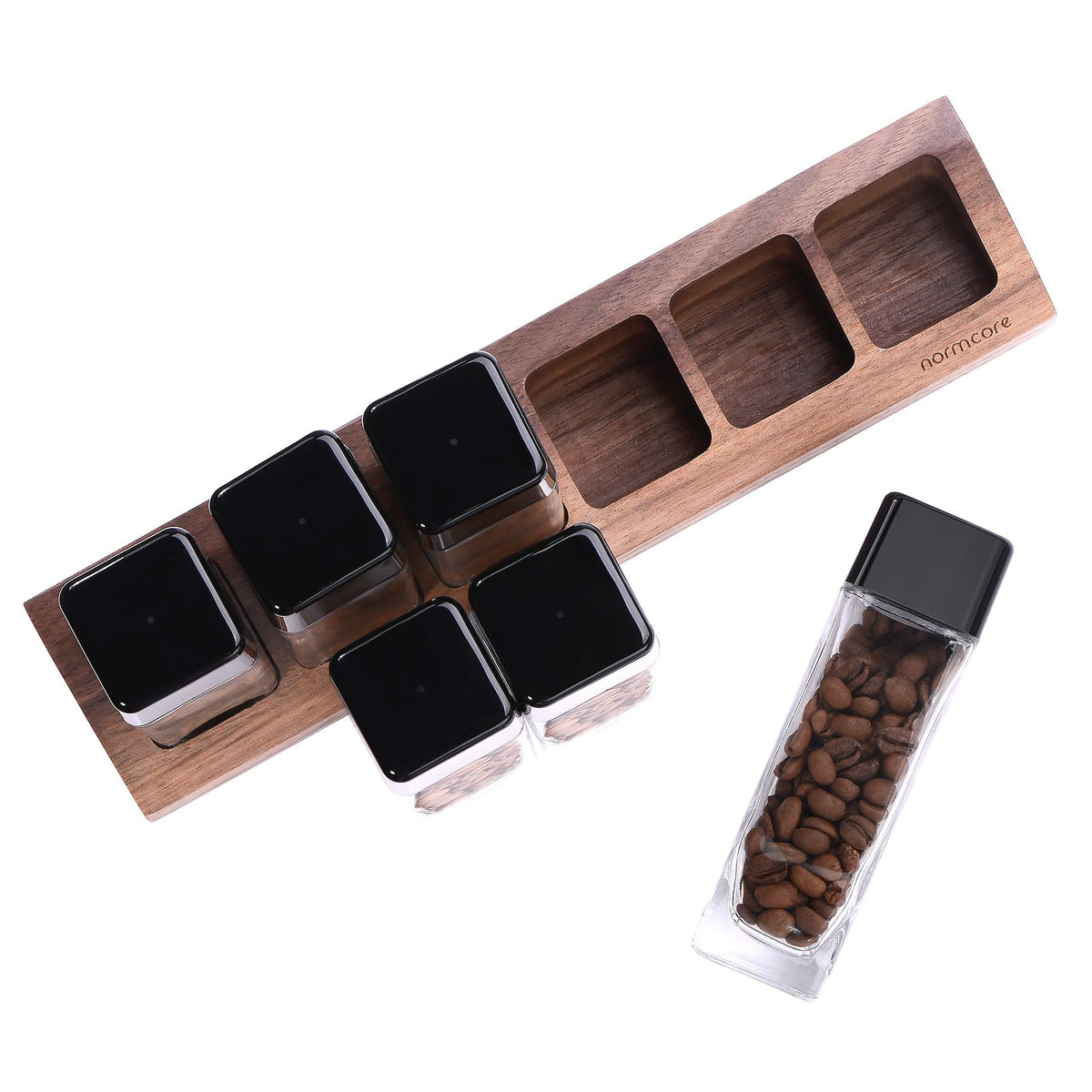 Normcore / 6 GLASS TUBES COFFEE BEAN CELLARS WITH WALNUT STAND | NormCoreWares