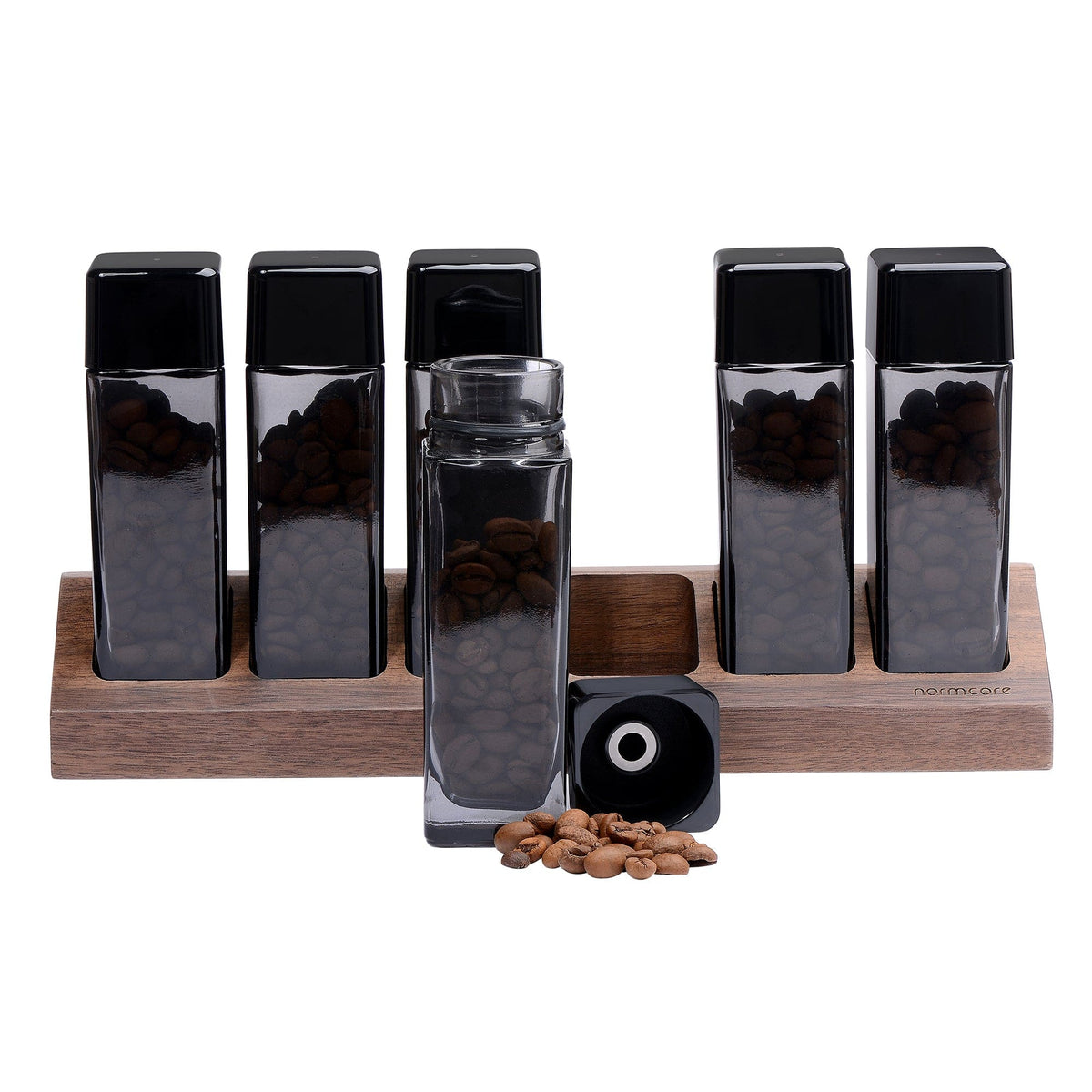Normcore / 6 GLASS TUBES COFFEE BEAN CELLARS WITH WALNUT STAND | NormCoreWares